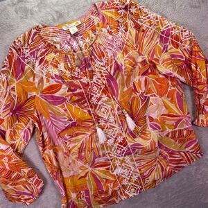 C&C California Women Peasant Blouse L Orange‎ Pink Tropical Embroidered Tassel